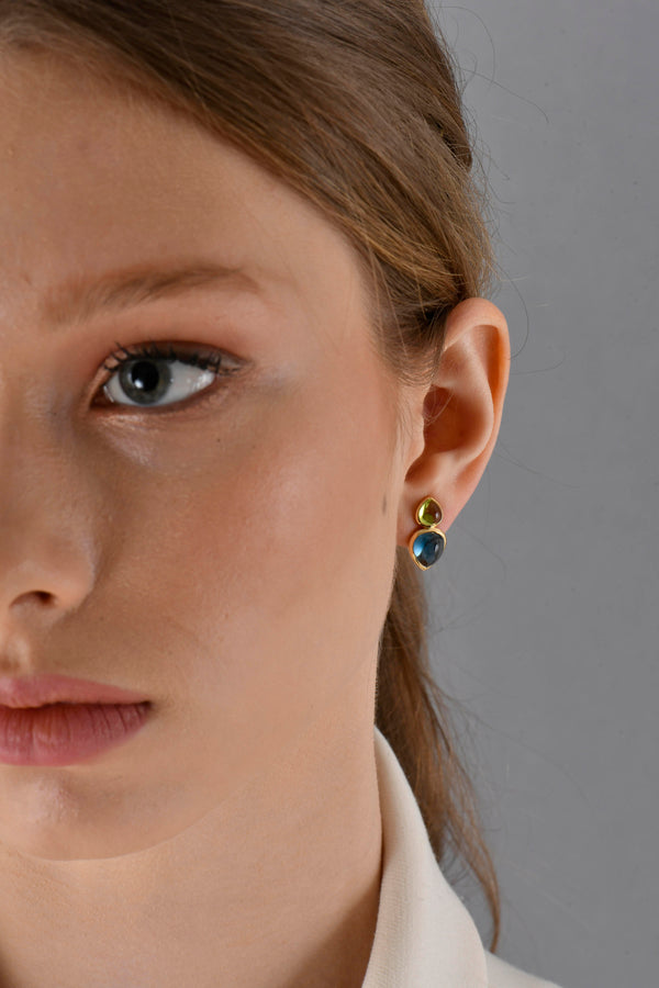 18k Yellow Gold Peridot Blue Topaz Earrings Worn - HAL23-E001 Halleh Jewelry