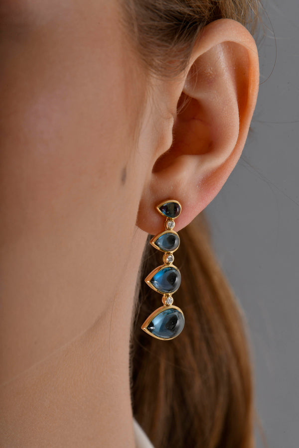 18k Yellow Gold Blue Topaz Diamond Graduated Drop Earrings Worn - HAL23-E003 Halleh Jewelry