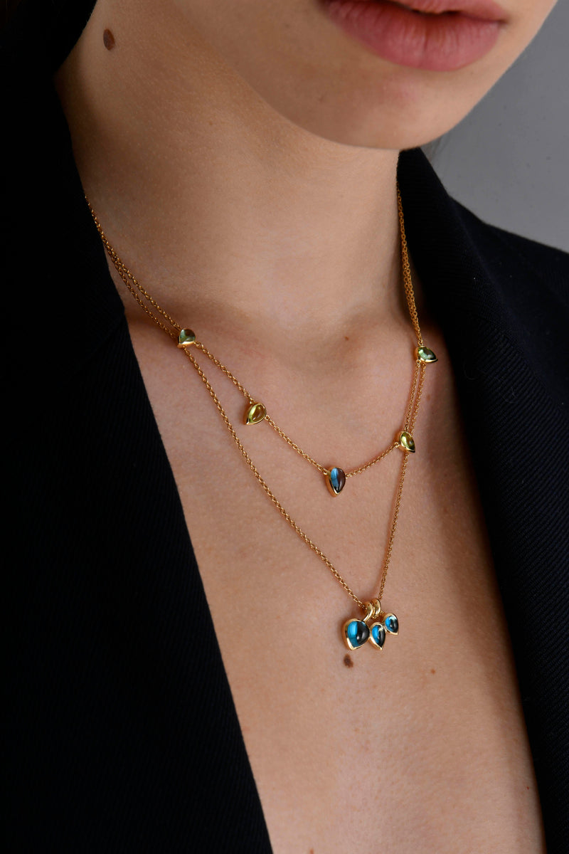 18k Yellow Gold Blue Topaz Tourmaline Peridot Multigem and Blue Topaz Swirl Necklace - Halleh Jewelry