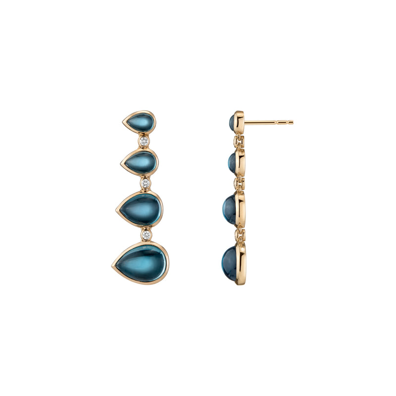 18k Yellow Gold Blue Topaz Diamond Graduated Drop Earrings HAL23-E003 Halleh Jewelry
